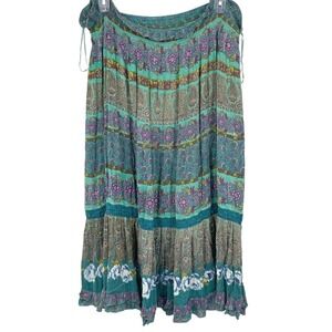Bila Woman Plus 2X Teal Paisley Floral Tiered Maxi Skirt Boho Hippie Festival